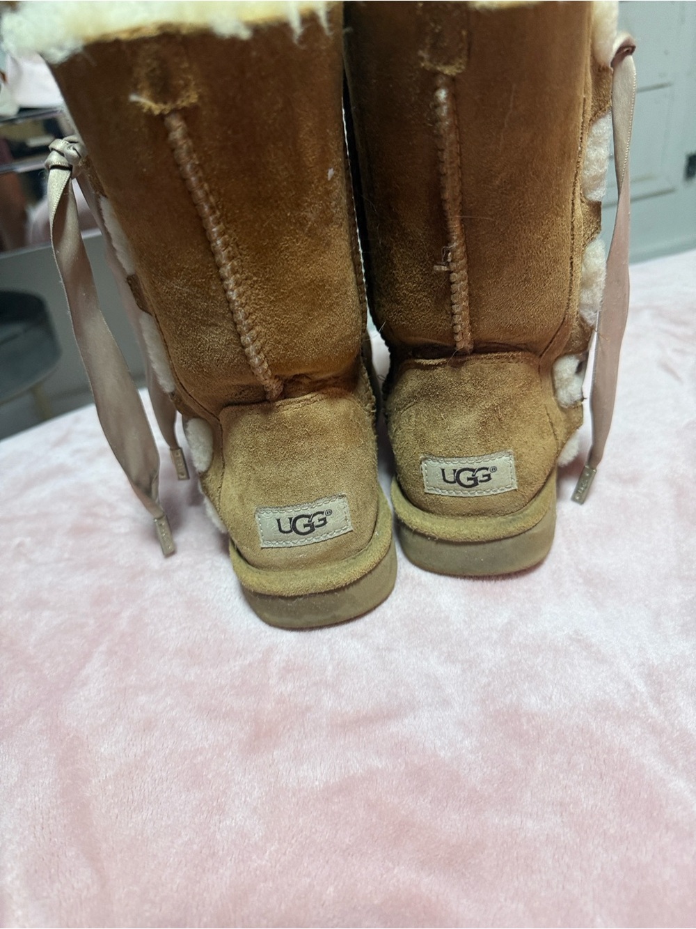 UGG Chestnut Suede Shearling Back-Bow Boots